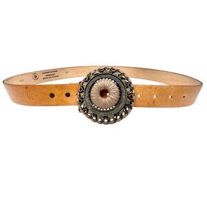 Genuine Top Grain Leather Belt Size 42 Ornate Metal Buckle Brown Silver USA Made